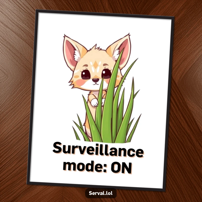 Funny kawaii serval cat peeking from tall grass, cute jungle animal digital artwork, instant download, a funny gift.