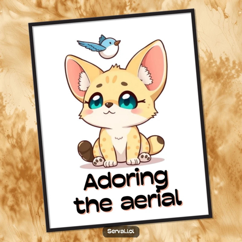 Funny Serval Digital Art: A small serval looks up with adoring eyes at a hovering bird, bringing instant charm and sweetness.