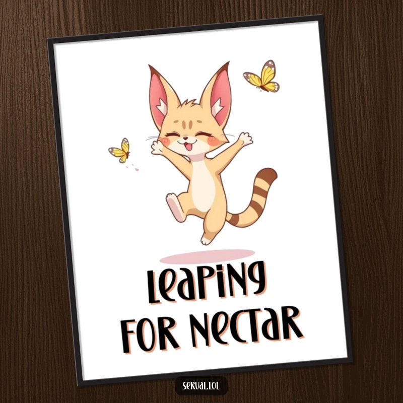 Funny digital art print of a kawaii serval character leaping to catch a butterfly, ready for instant display.