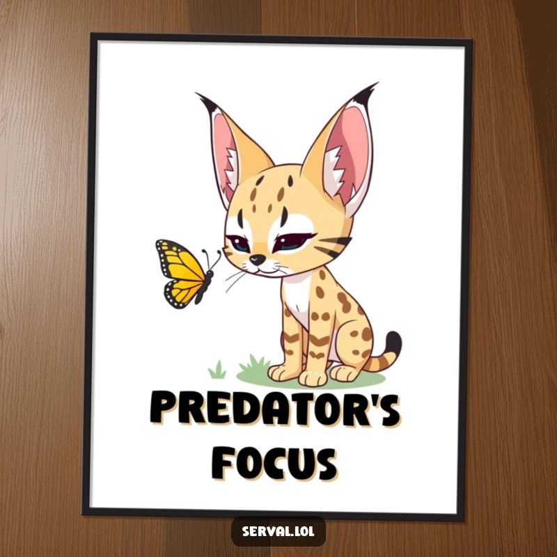 Funny digital art print of a serval stalking a butterfly, perfect for humorous wildlife-themed wall decor.