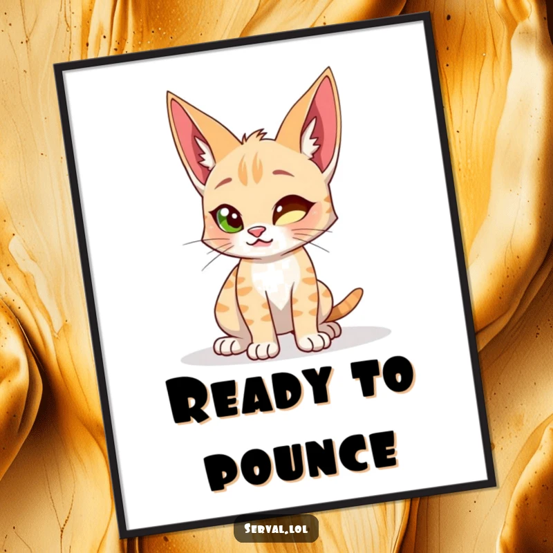 Funny digital art print of a serval cat in a playful, anticipatory crouch, ready to spring with wild energy.