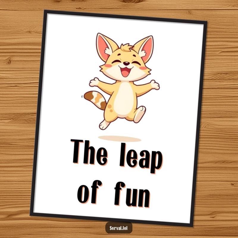 Funny kawaii serval character captured in a joyful, energetic leap, available as a downloadable digital art print.