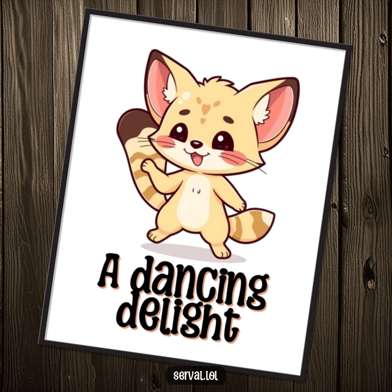 Funny kawaii serval character doing a nimble dance step, available as a downloadable digital art print.