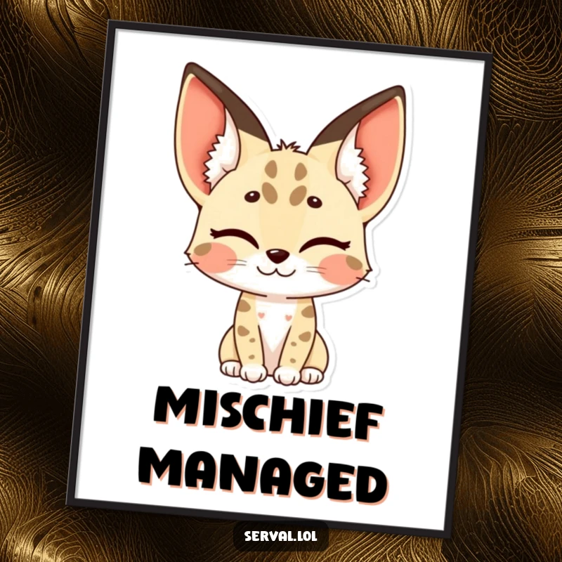 Funny serval digital art print of a serval winking, its distinctive spotted ears adding a playful, cheeky touch.