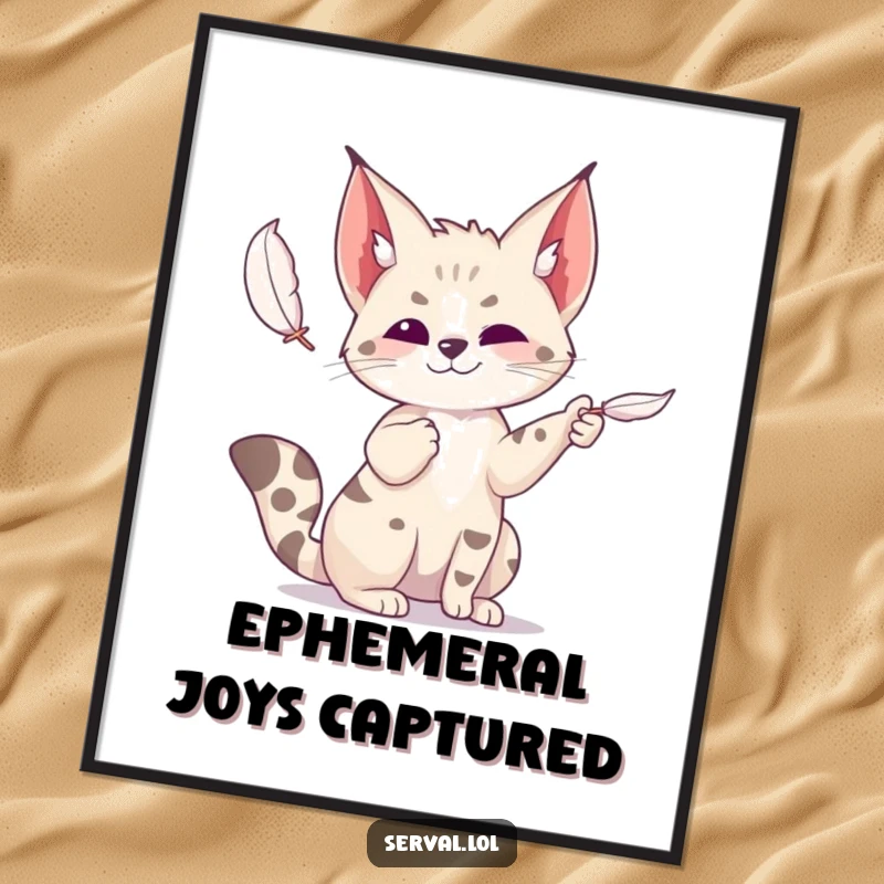 Funny serval digital art print of a wild cat playfully batting at a feather, offering instant joy and feline fun.