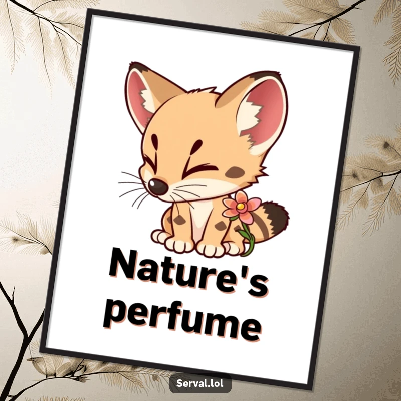 Funny Serval Digital Art Print of a curious serval delightedly sniffing a colorful flower, bringing natural beauty indoors.