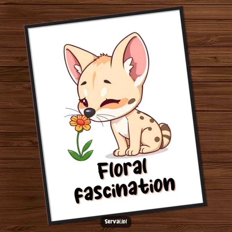 Funny Serval Digital Art: A curious serval joyfully sniffs a colorful flower, bringing instant natural delight and charm.
