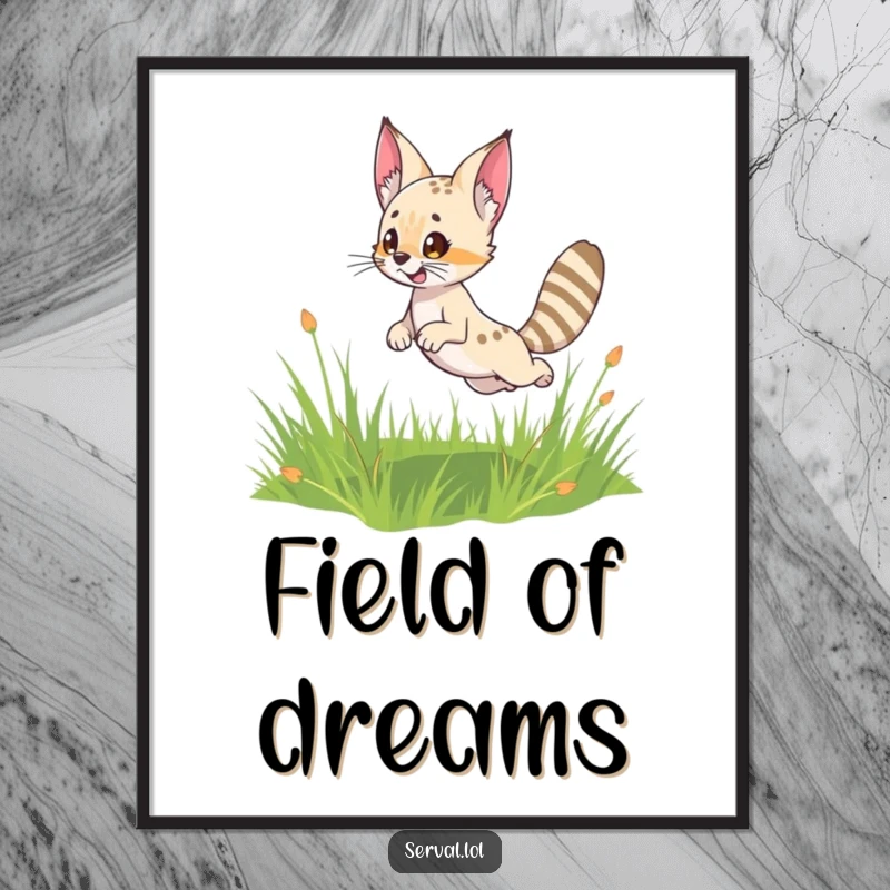 Funny Serval Digital Art: A cute serval character leaping playfully in a vibrant grassy field, ready to be printed.