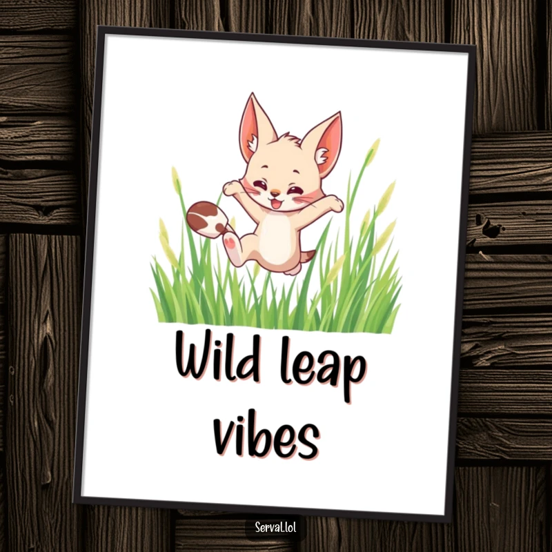Funny digital art print of a serval cat leaping playfully through tall grass, instant wild and energetic decor.