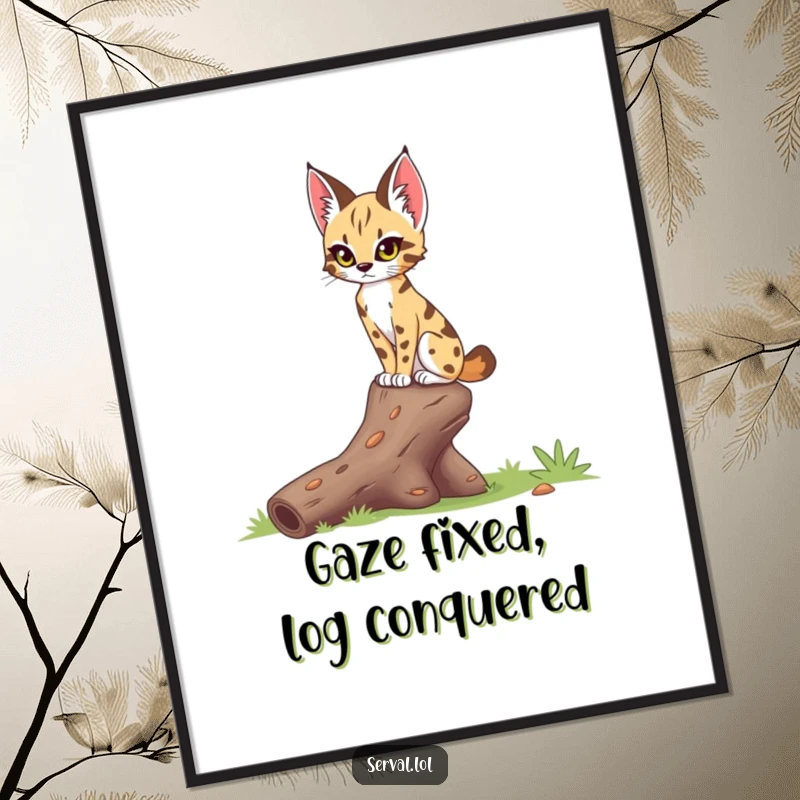Funny serval digital art print of a serval with a focused gaze, delicately balancing on a fallen log, showcasing agility, downloadable art.