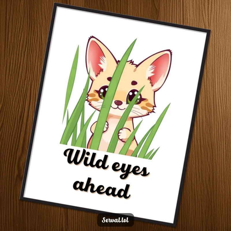 Funny Serval Digital Art Print of a cheerful serval peeking wide-eyed from grass, bringing playful charm to any digital display.