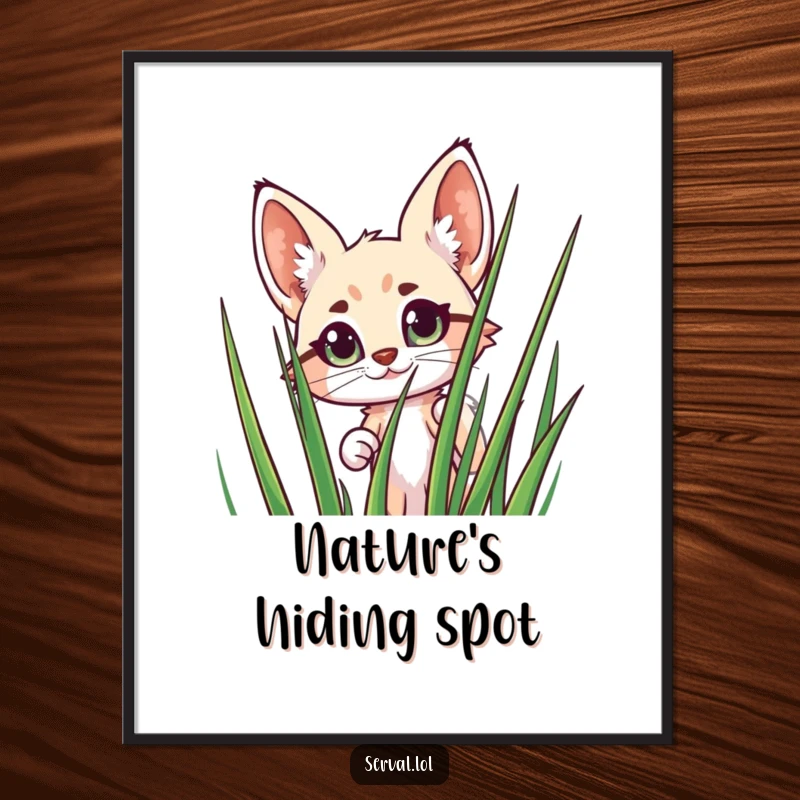 Funny Serval Digital Art Print: A cheerful serval peeks with wide eyes from behind tall grass, an instant mood-booster.