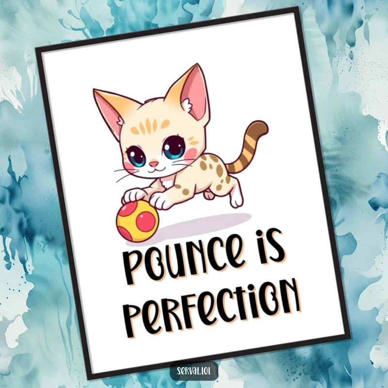 Funny serval cat character digital art print of an agile serval cat in a quick, decisive pounce on a toy.