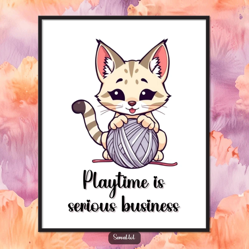 Funny serval digital art print, a wild cat playfully pouncing on a ball of yarn, for humorous decor.