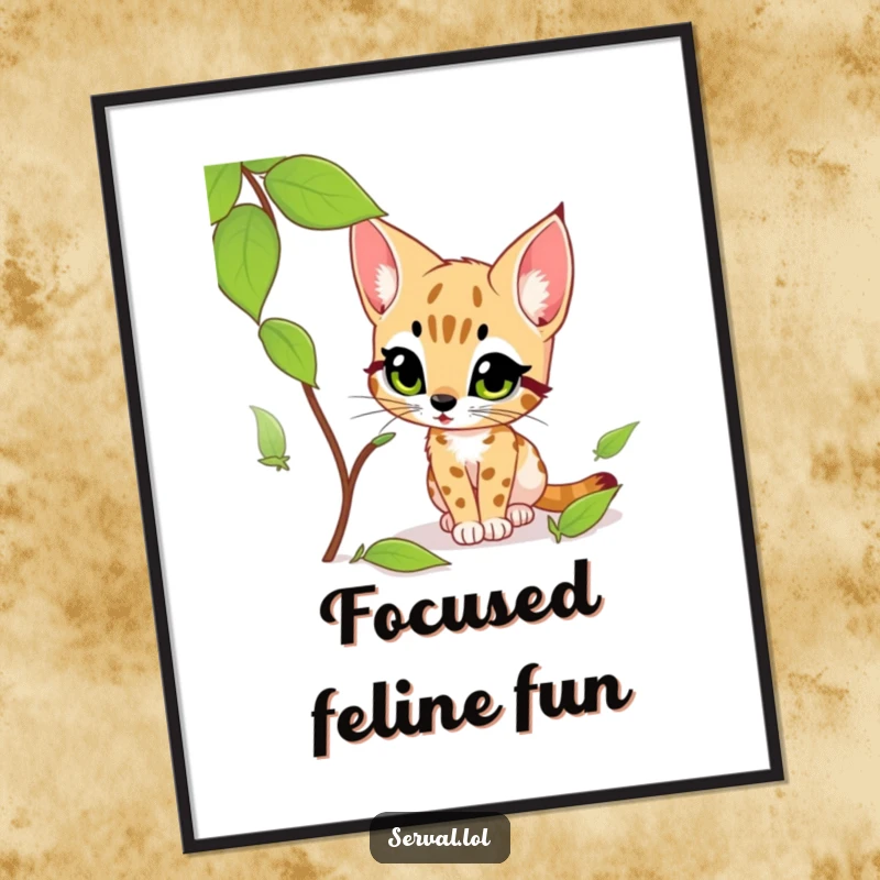 Funny serval digital art print of a serval curiously stalking a rustling leaf with an intensely excited gaze, full of humor.