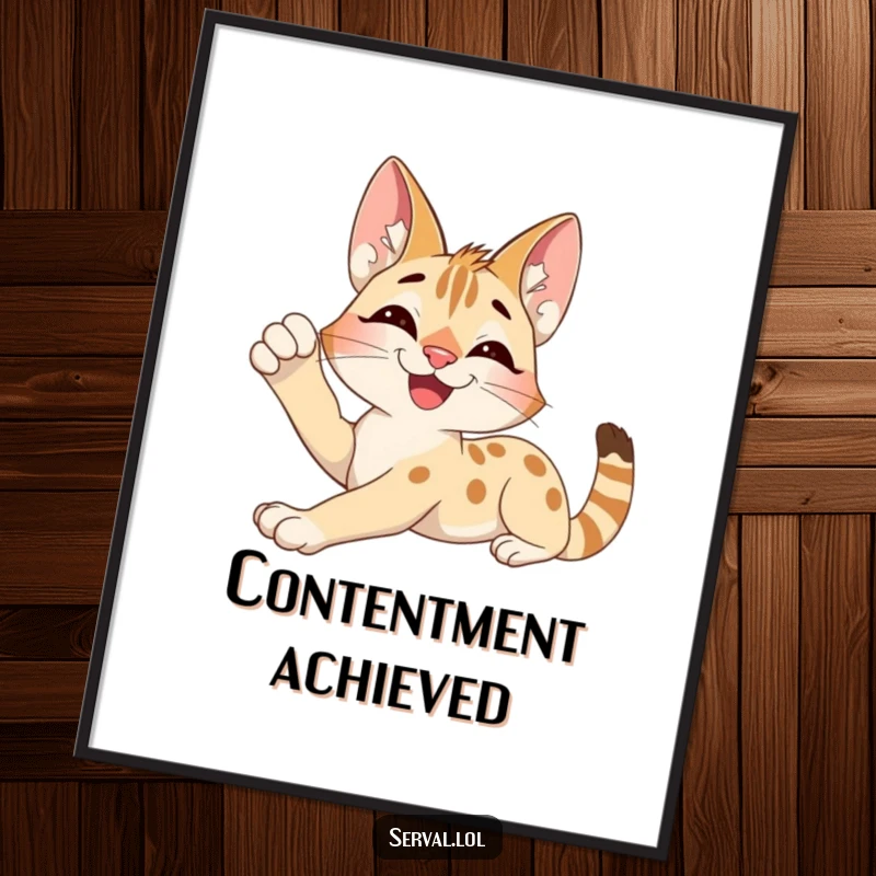 Funny Serval Digital Art: An excited serval character stretching languidly with a contented smile, ready for printing.