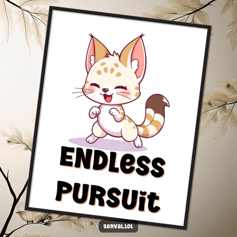 Funny Serval Digital Art: A playful serval character humorously chasing its own tail, ready for printing.
