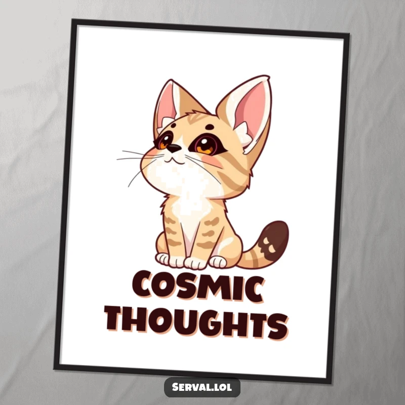 Funny Serval Wonder Digital Art Print. A downloadable artwork of a serval cat looking up at the sky with an expression of profound wonder.