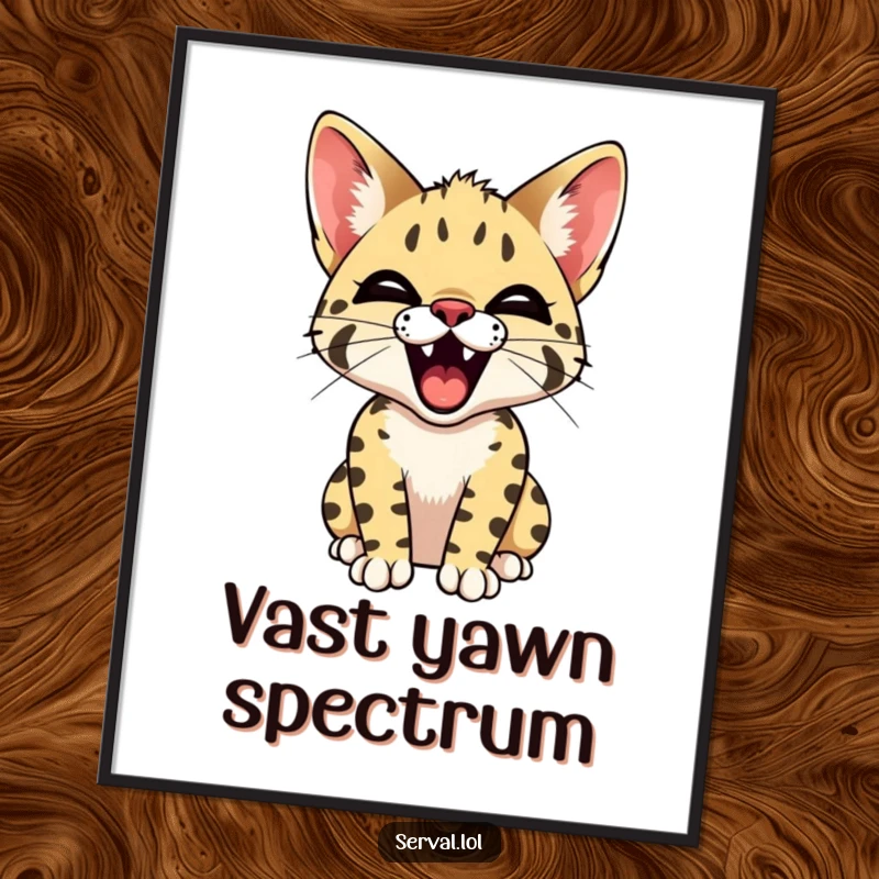 Funny Serval Yawn Digital Art Print. A downloadable artwork of a serval cat yawning widely, showcasing its tiny teeth for maximum humorous impact.