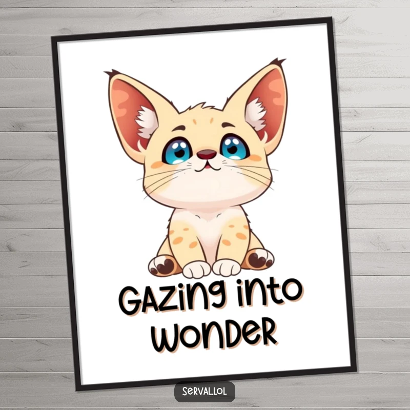 Funny serval digital art print with bright eyes looking up at the sky, capturing a moment of wonder and dreaming.