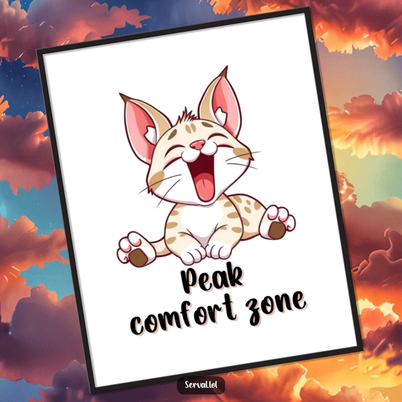 Funny digital art print of a serval cat stretching wide and yawning happily, ideal for humorous and charming wall decor.