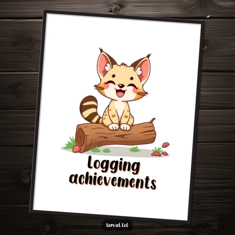 Funny Serval Digital Art: A delighted serval balances proudly on a log, exuding confidence and humor for your space.
