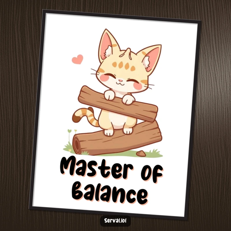Funny digital art print of a winking serval cat maintaining flawless balance on a log, exuding playful charm.