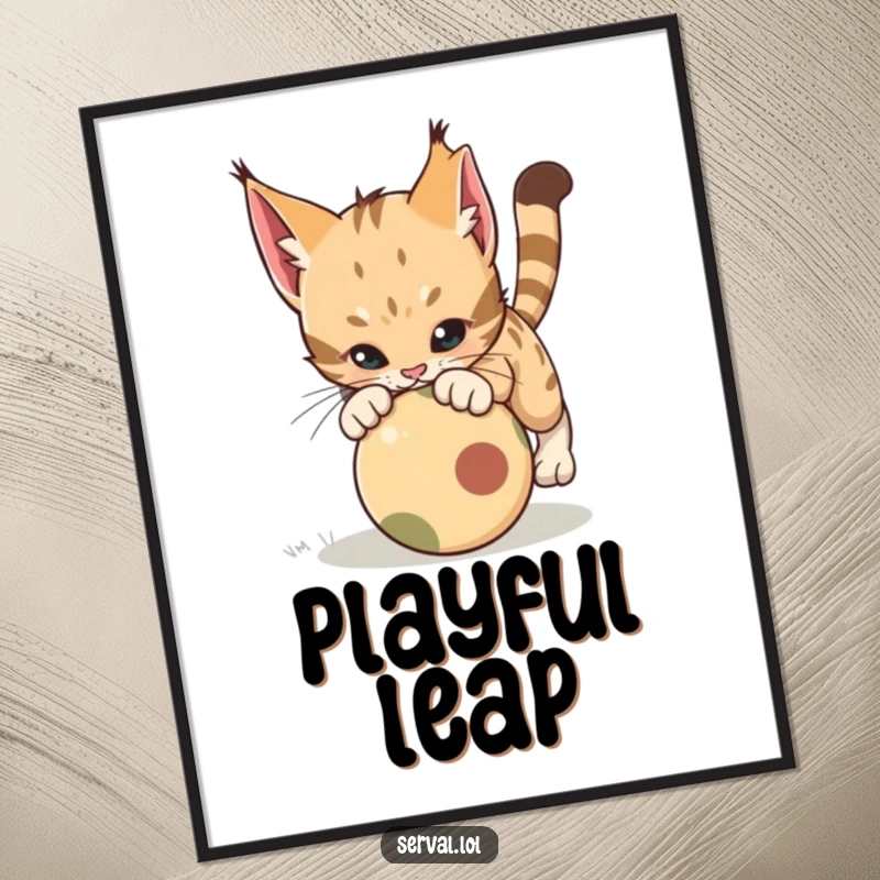 Funny Serval Pounce Digital Art Print. A downloadable artwork of a serval cat in a dynamic pounce on a rolling ball, conveying playful humor.