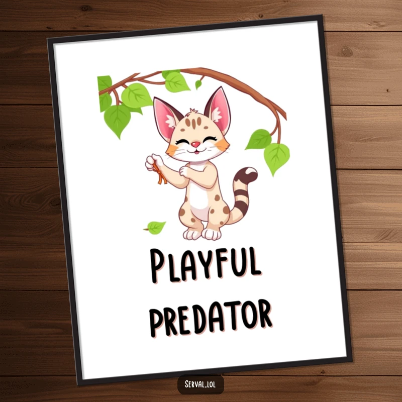 Funny serval digital art print of a serval character playfully batting at a vine, capturing wild fun.