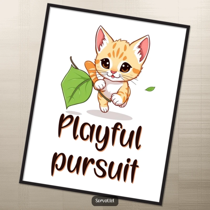 Funny Serval Kitten Leaf Chase Digital Art Print: A serval kitten playfully chasing a leaf, ready to be printed and displayed.
