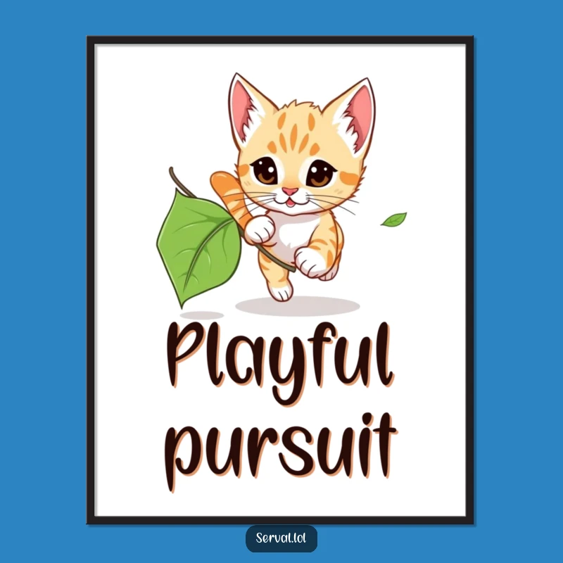Funny Serval Kitten Leaf Chase Digital Art: Instant Playful Decor for Your Walls