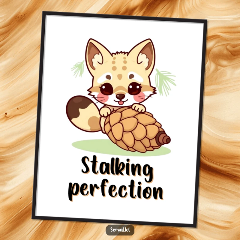 Funny kawaii serval character in a dynamic, playful pounce on a rolling pinecone, ready to bring humorous joy to your decor. Great gift.