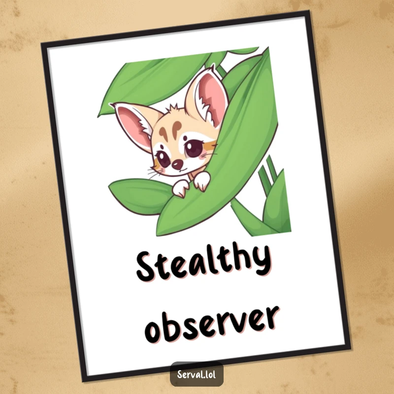 Funny serval digital art print of a serval peeking from behind a large jungle leaf, creating a curious scene.