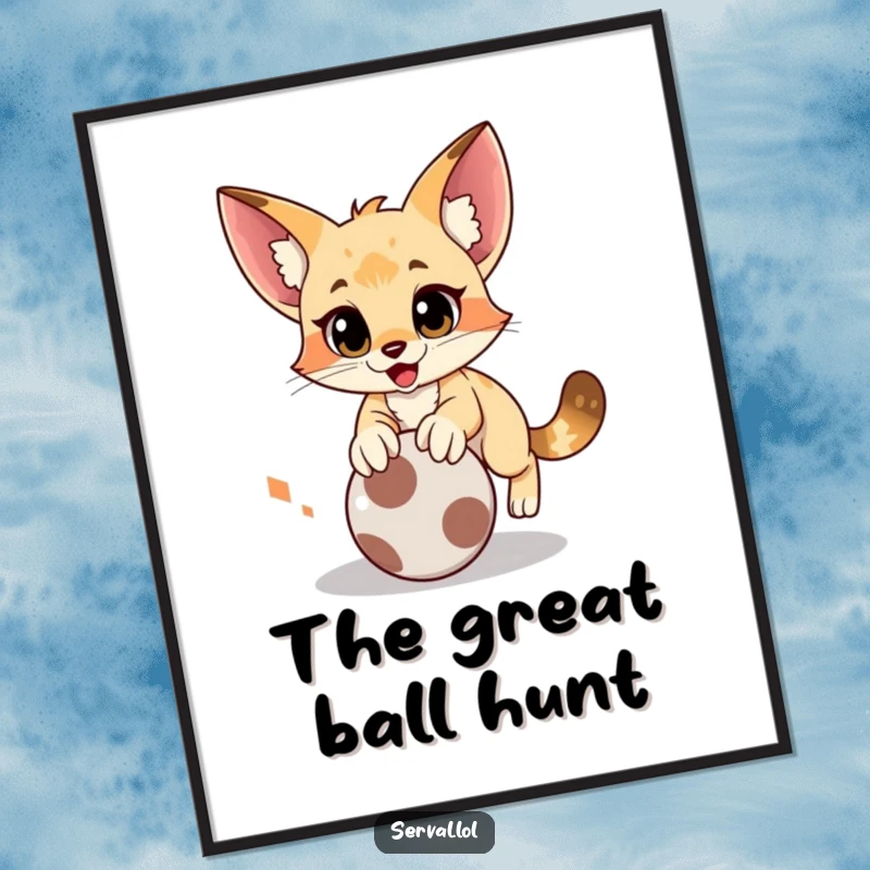 Funny serval digital art print of a cat in a comical pounce on a rolling ball, ideal for energetic wall decor.