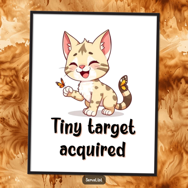 Funny Serval Digital Art: A happy serval character depicted in a playful pounce towards a butterfly, ready to print.