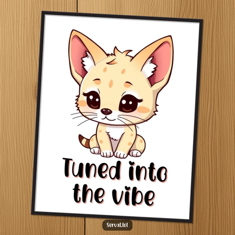 Funny kawaii serval digital art print, cute serval character, perked ears, listening intently, instant download, humorous funny gift.