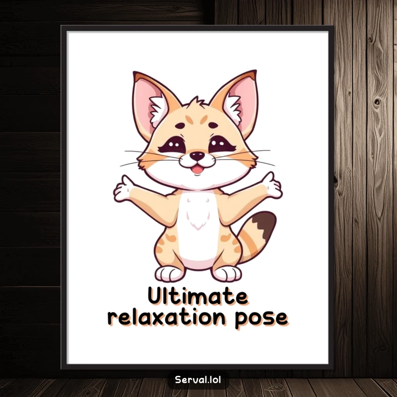 Funny serval stretching digital art print, a serval cat in a deep stretch, ideal for humorous home decor.