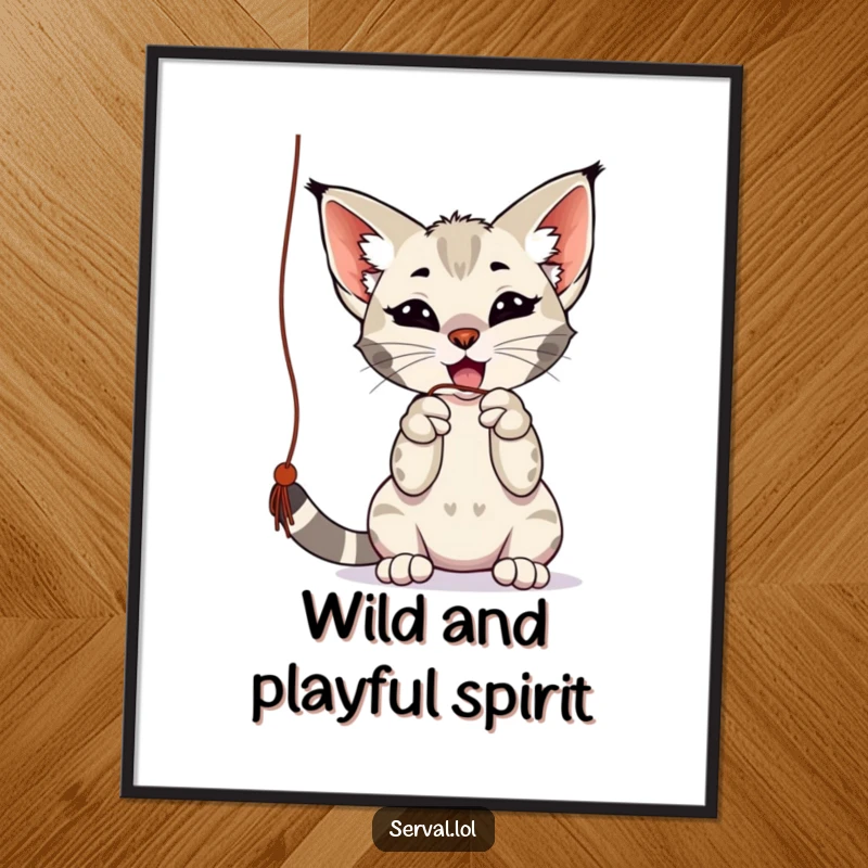 Funny serval digital art print of a playful serval batting at a dangling string with its paws, perfect for whimsical decor and as a funny gift.