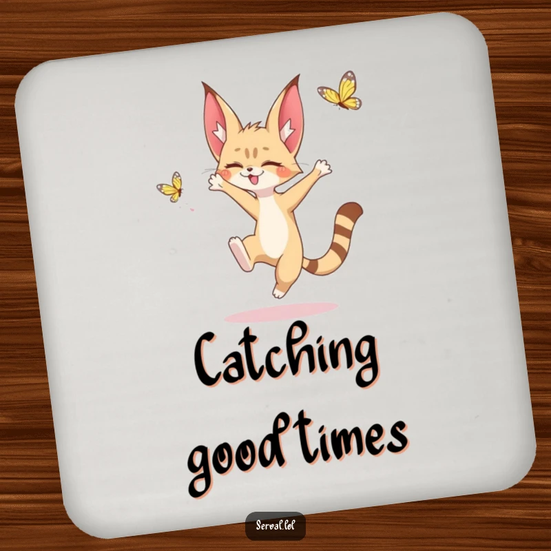 Funny drink coaster depicting a kawaii serval character leaping to catch a butterfly, protecting surfaces with adorable flair.
