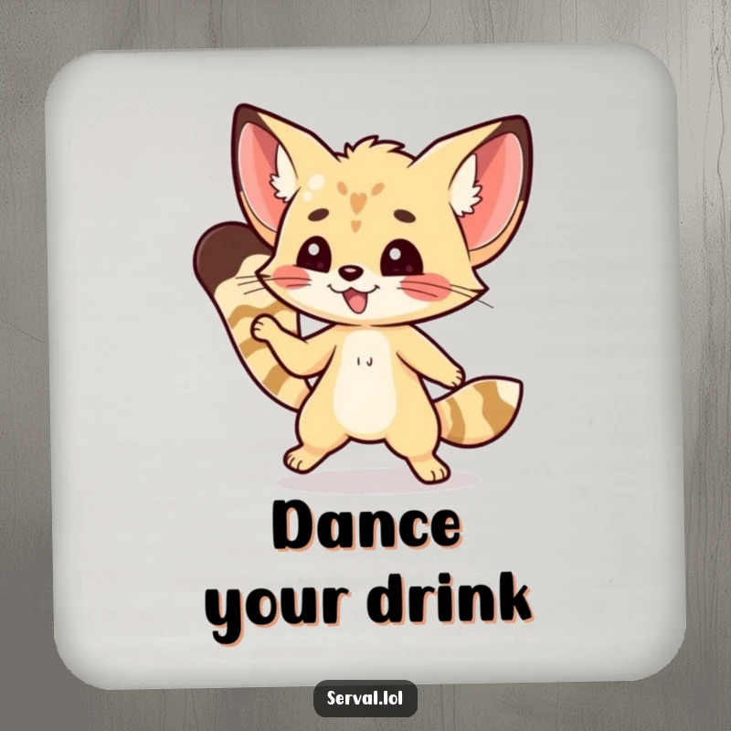 Funny kawaii serval character performing a nimble dance step, designed as a humorous drink coaster.
