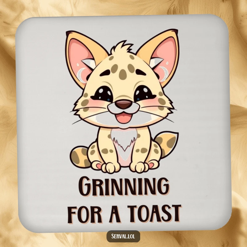 Funny kawaii serval coaster, cute serval with a playful toothy grin, drink accessory, useful funny gift.