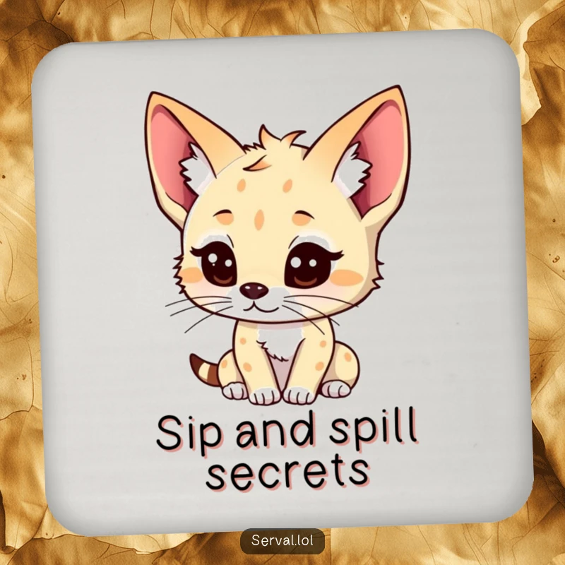 Funny kawaii serval coaster, cute serval with perked ears, listening pose, drink accessory, useful funny gift.