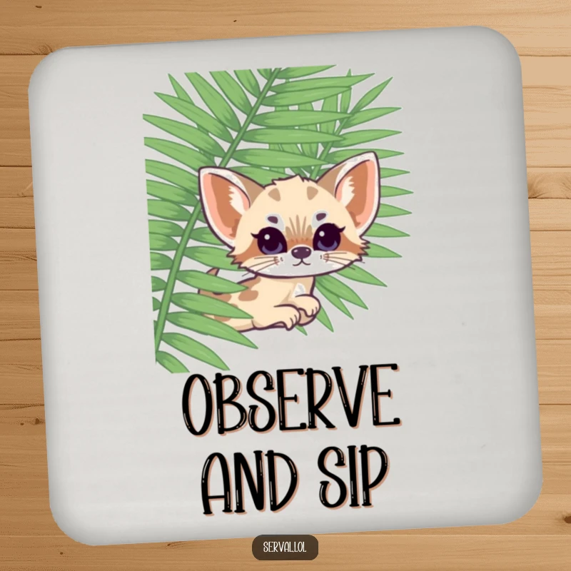 Funny kawaii serval peeking from a fern, a cute and humorous coaster set to protect furniture with style.