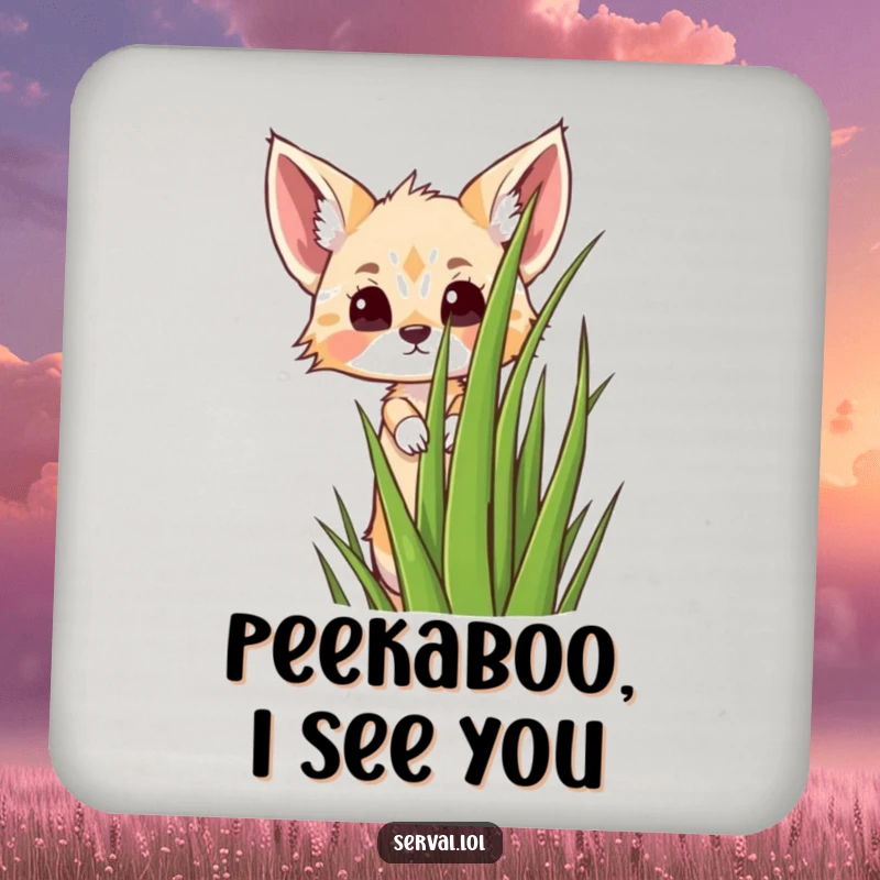 Funny kawaii serval cat peeking over grass, cute drink coasters, set of protective table accessories, a funny gift.