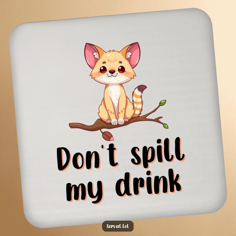 Funny serval coaster depicting a wild cat balancing on a thin branch, adding a humorous touch to drink protection.