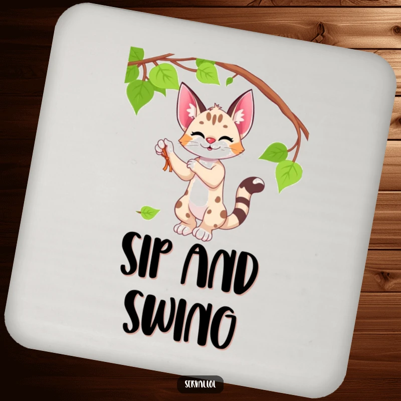 Funny serval coaster with a serval character playfully batting at a vine, adding a whimsical accent.