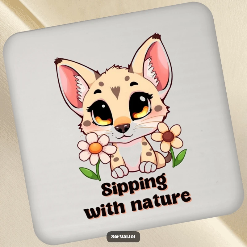Funny serval coaster featuring a curious cat with wide eyes sniffing a flower, protecting surfaces with charm.