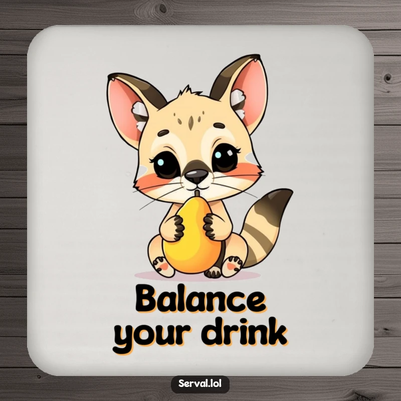 Funny serval character drink coaster, skillfully balancing a small fruit on its nose, adding a touch of adorable elegance.