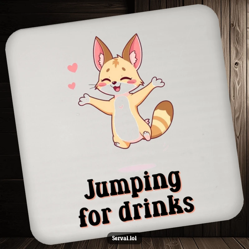 Funny serval coaster featuring a serval mid-jump, protecting surfaces with feline grace and a humorous design.