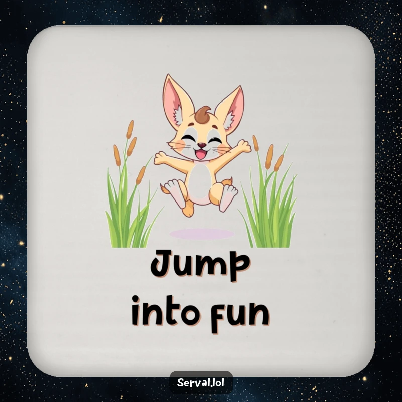Funny serval character drink coaster, joyfully leaping through tall grass, adding a touch of wild celebration.